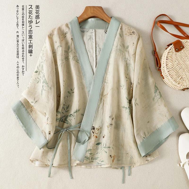 Summer Clothing Wraps - Винтажный короткий кардиган-кимоно с цветочным принтом